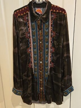 Johnny Was Embroidered Velvet Button-Up Shirt in Olive & Multicolor
